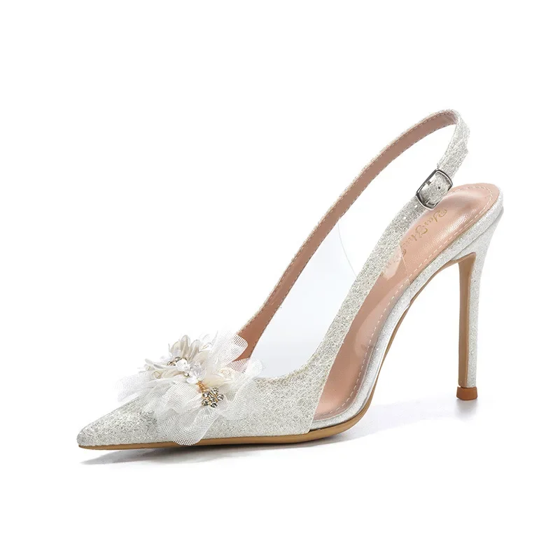 

Элегантные белые свадебные туфли с цветочным принтом 6 см, 8 см, 10 см, сандалии для невесты с открытой пяткой, лето 2025 г., сандалии на тонком высоком каблуке, модель для вечеринки