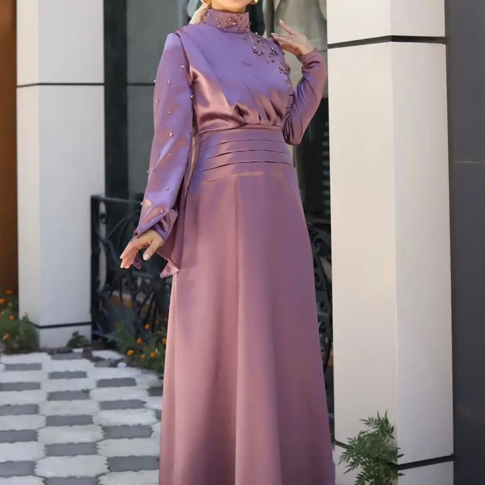 

Customized A-Line Prom Dresses Floor-Length High-Neck Full Sleeve Evening Gown Fashion Pleat Crystal Simple Draped Party Gown