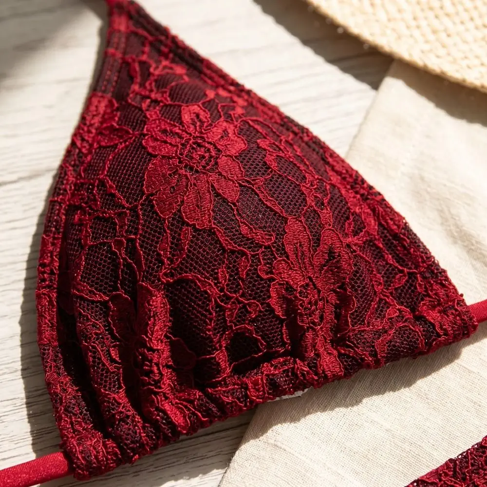 

Beach Halter Sexy Brazilian Bikini Set Cover Skirt Nylon Lace Bikinis Red Mesh Swimsuits Holiday Wear
