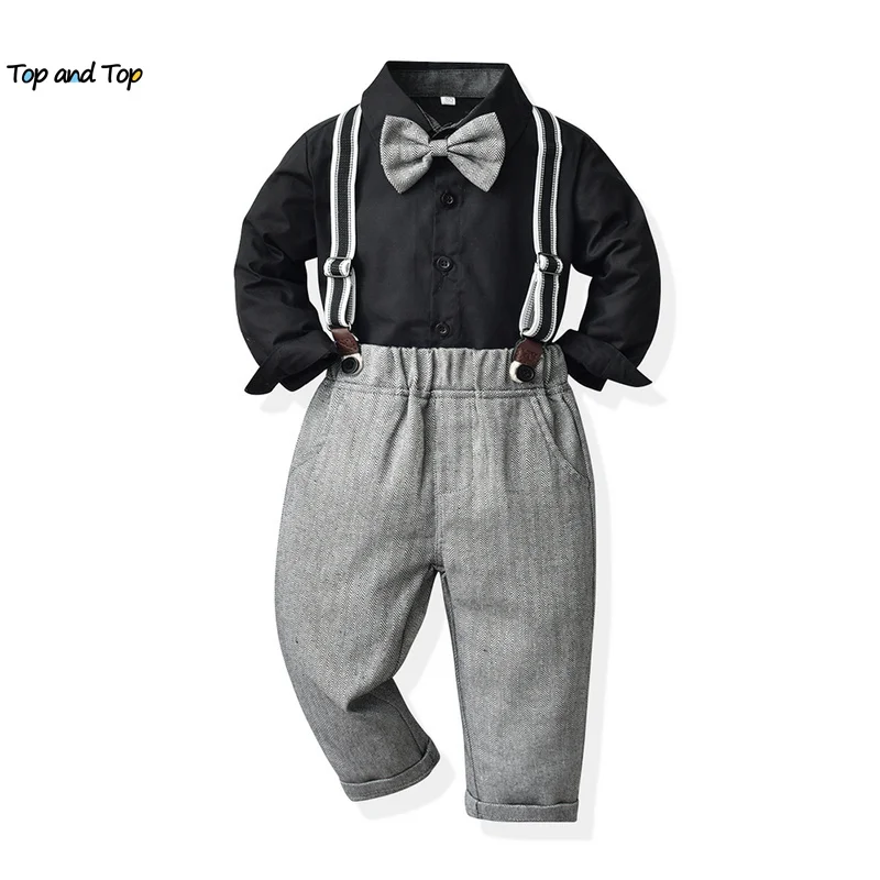 top and top Fashion Infant Baby Boys Gentleman Clothing Sets Long Sleeve Striped Shirts Tops+Suspenders Pants Boys Tuexdo Suit