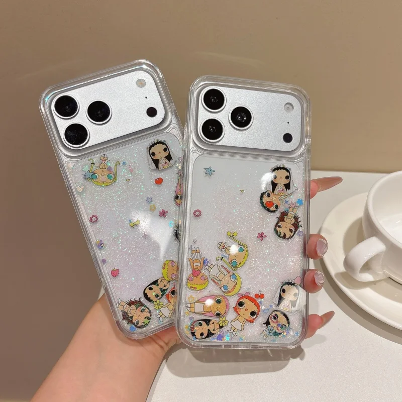 

Cartoon Cute Girl Dynamic quicksand Sparkling Phone Case For iPhone 15 16 17 Pro Max Lovely Transparent Glitter Shockproof Cover