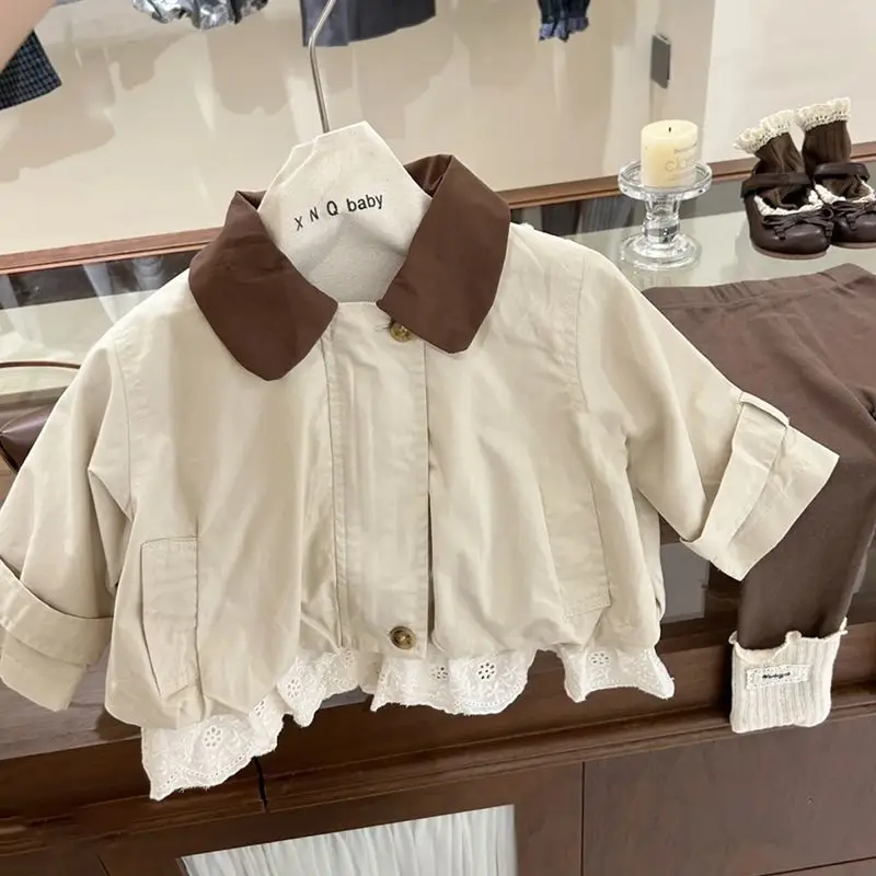 

Весенне-осеннее пальто-ветровка для маленьких девочек, новый стиль, детская кружевная повседневная удобная куртка