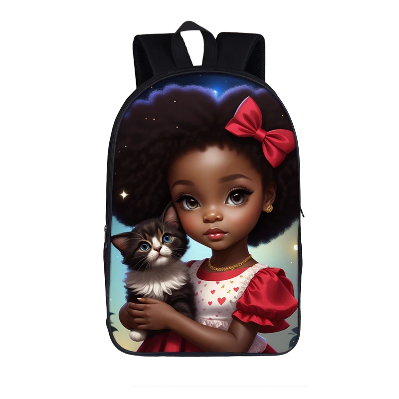 Cute Afro Princess with Cat Dog Backpack African Melanin Girls School Bags Women Laptop Bag for Travel Teenager Bookbags Gift