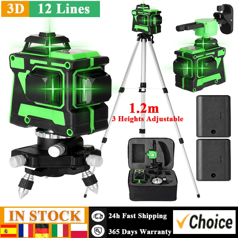 Self-leveling 3D 12 Lines Laser Level Vertical Horizontal Lines with 1.2M 3 Heights Adjustable Alloy Extension Bar Tripod Stand