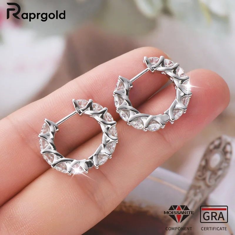 

RAPRGOLD 0.3ct Round Moissanite Hoop Earring for Women Real S925 Sterling Silver Exquisit Earrings Fine Jewelry Gifts pendientes