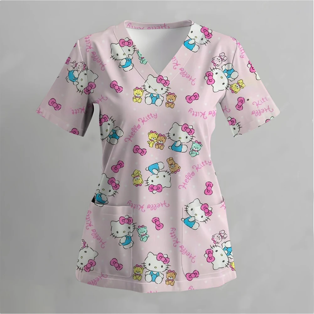 المرأة الكرتون مرحبا كيتي طباعة Kawaii ممرضة موحدة الدعك القمم قصيرة الأكمام جيب وزرة الزي الرسمي بلوزة التمريض الطبية