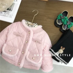 2024New Girls' Coat Fashionable Quilted Fleece-lined Short Autumn and Winter Cotton-Padded Jacket