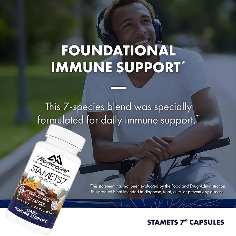 Stamets 7 capsules, daily immune support, mushroom supplement containing lion mane and lingzhi, odorless, 60 capsules