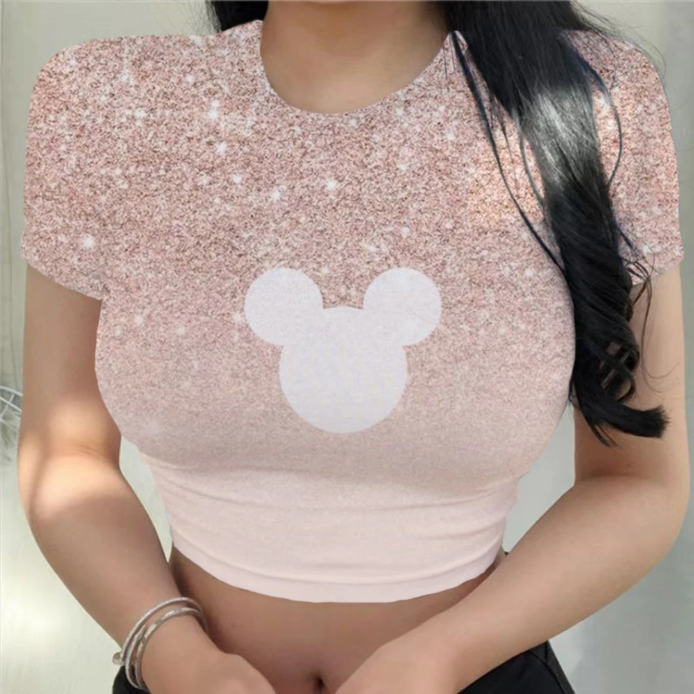 Disney T-shirt Cute Mickey Mouse T-shirt Fashion Women's Gym Running Crop Top Women's Young Women Y2K Tight Fit