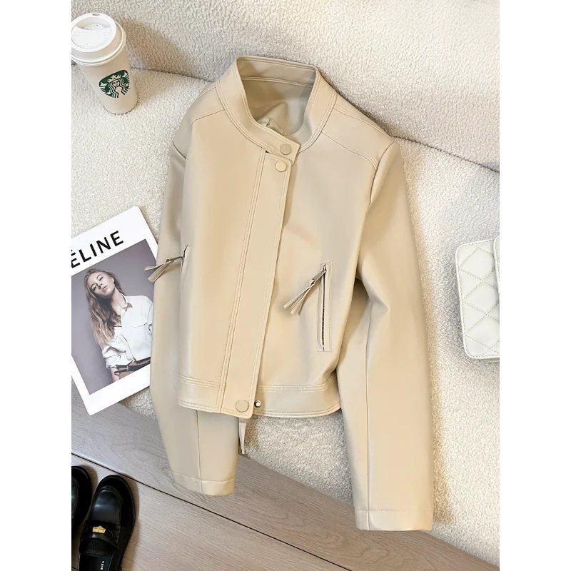 Black Casual Leather Jacket for Women High-quality Long Sleeve Fashionable Beige Long Sleeved Leather Jacket Motorcycle Jacket