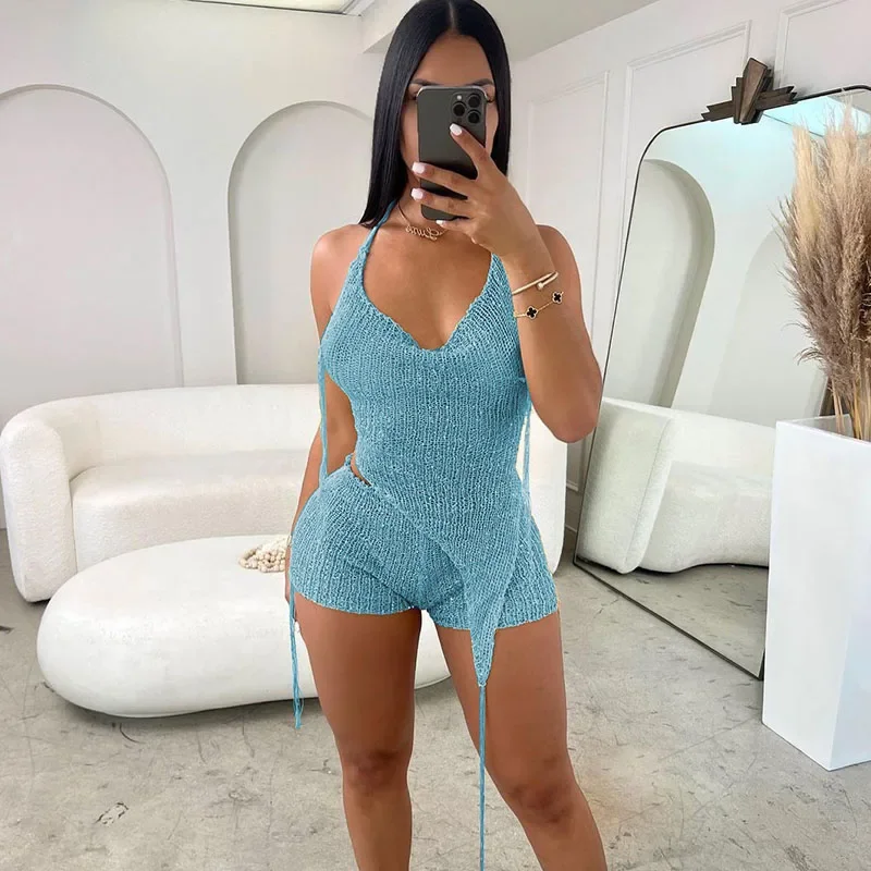 Gold Knitted Glitter Sexy 2 Pieces Set Women Outfit Night Party Birthday Hooded Backless Top and Shorts Set Women Two Piece Set