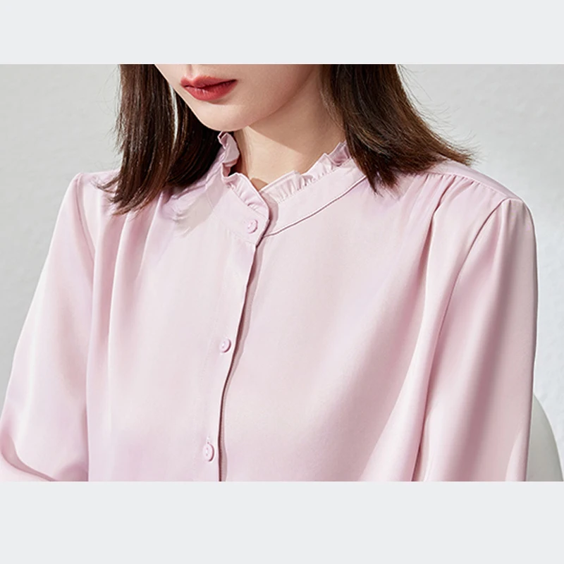 Camicia da donna in raso solido Colletto con volant Manica lunga Camicetta da donna moda 2025 Camicie bianche da donna da ufficio Top casual