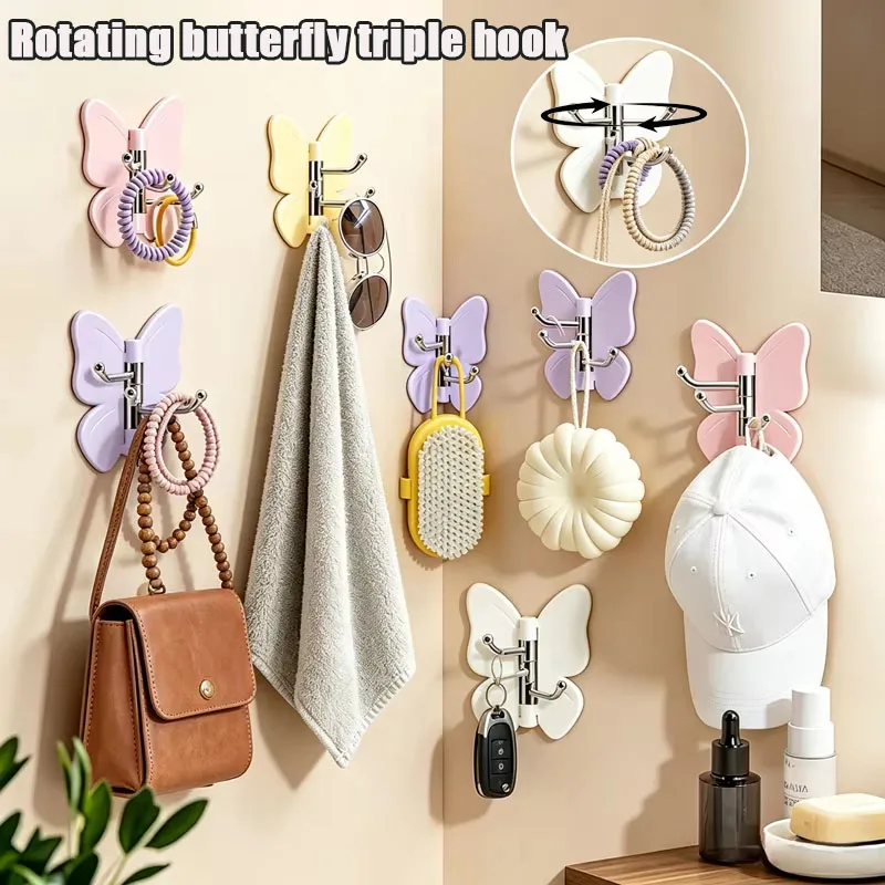 1-10PCS Butterfly Triple Swivel Hooks Strong Self Adhesive No Trace Damage Free Wall Hanger for Clothes Keys Towels Entryway