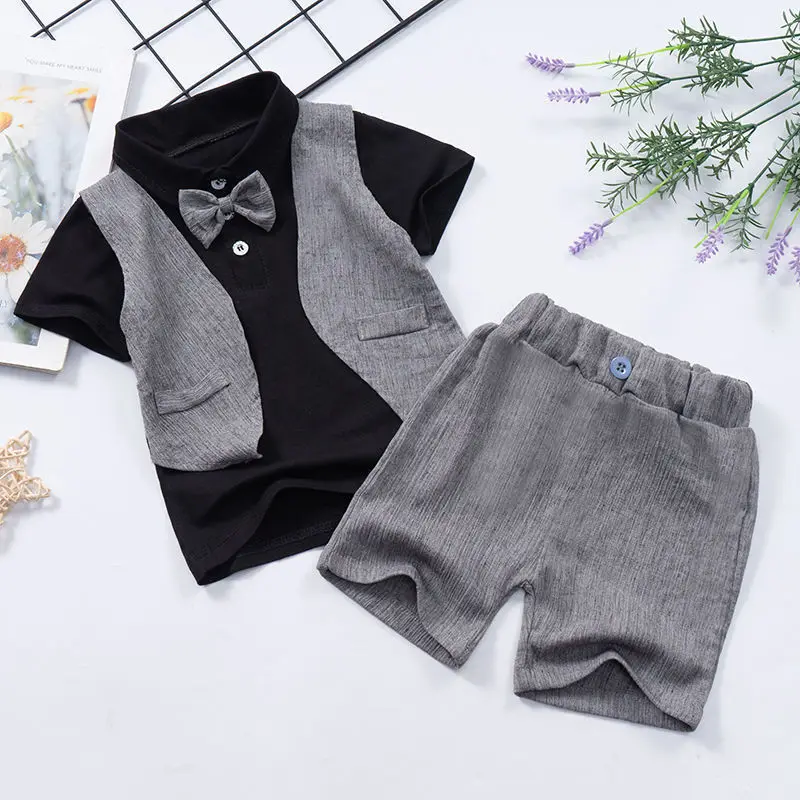 

Boys Summer Solid Color Korean Edition Polo Neck Bow Spliced Short Sleeve Gentleman Handsome Vest Fake Two Piece Children's Suit