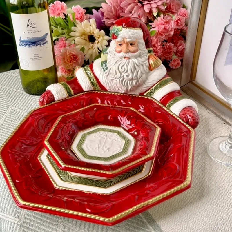 ‌Artistic Handpainted Christmas Ceramic Dinner Plate Underglaze Dessert Serving Platter Festive Fruit Tray Holiday Table Decor