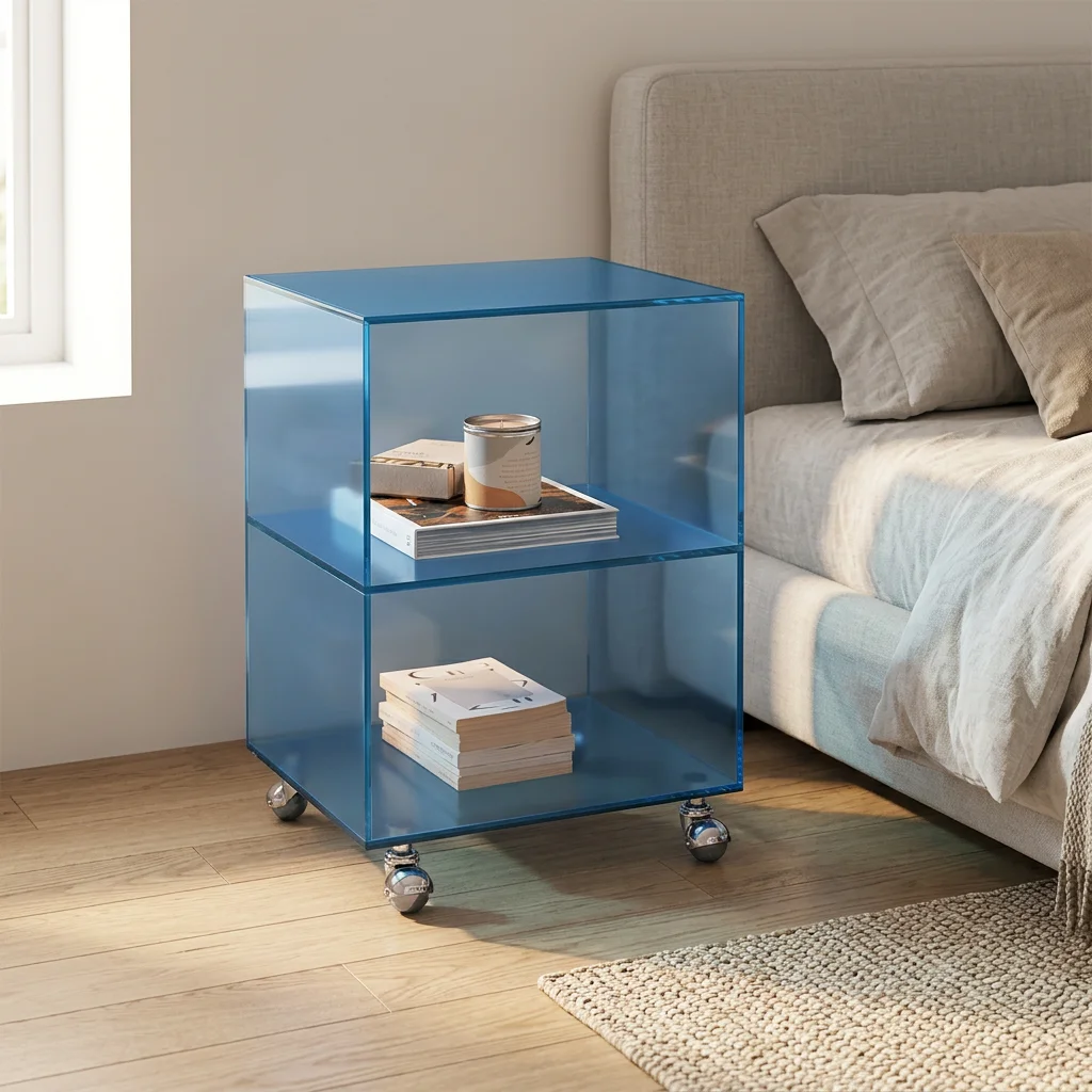 vw-Custom Modern Acrylic Folding Removable Side Table with Wheels for Apartment Hotel Living Room Bedroom Bedside Console Table~