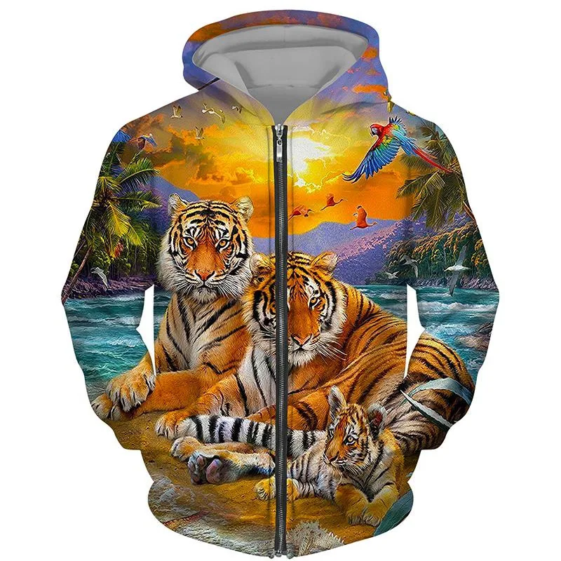 Fashion Tiger Lion 3D Printed Hoodie Men\'s Fashion Sportswear with Zipper Animal Pattern Sportswear Street Coat