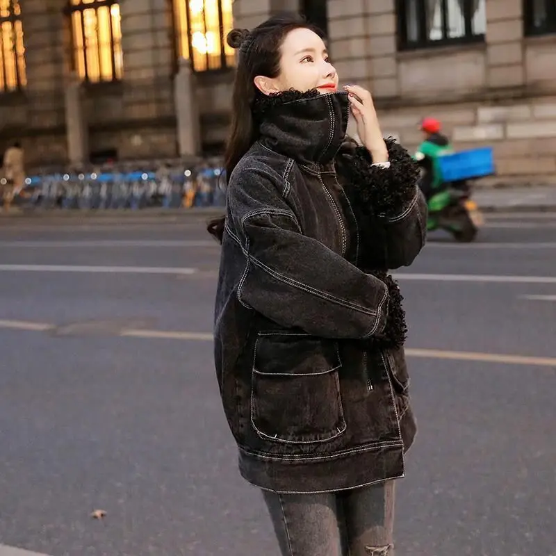 

Denim Coat For Women Long Fur Plush Womens Winter Loose-Fitting Standneck Minimalism Leisure Urban Social Buttoned Plaids Soft