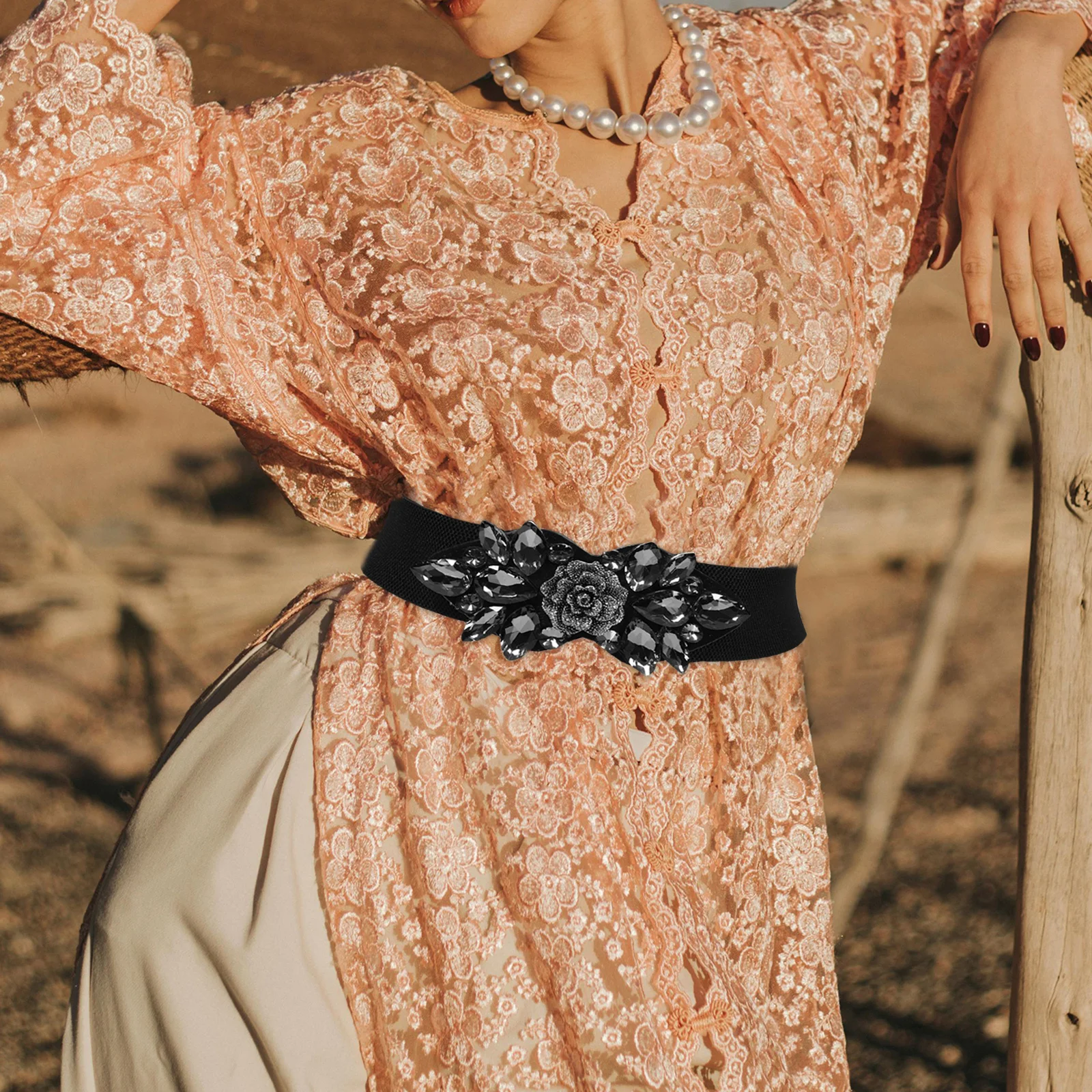 Rhinestone Elastic Waist Belt Wide Corset Style Stretch Dress Belt Rose Design for Formal Party Wear Rhinestone Dress Wide Belts