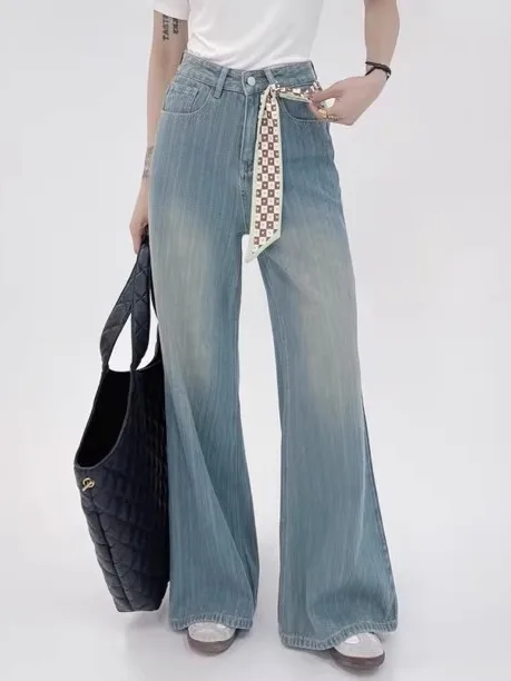 

High Waist Wide Leg Denim Jeans Women's Retro Versatile Washed Blue Slimming Texture Holiday Dream Casual Cotton Jeans