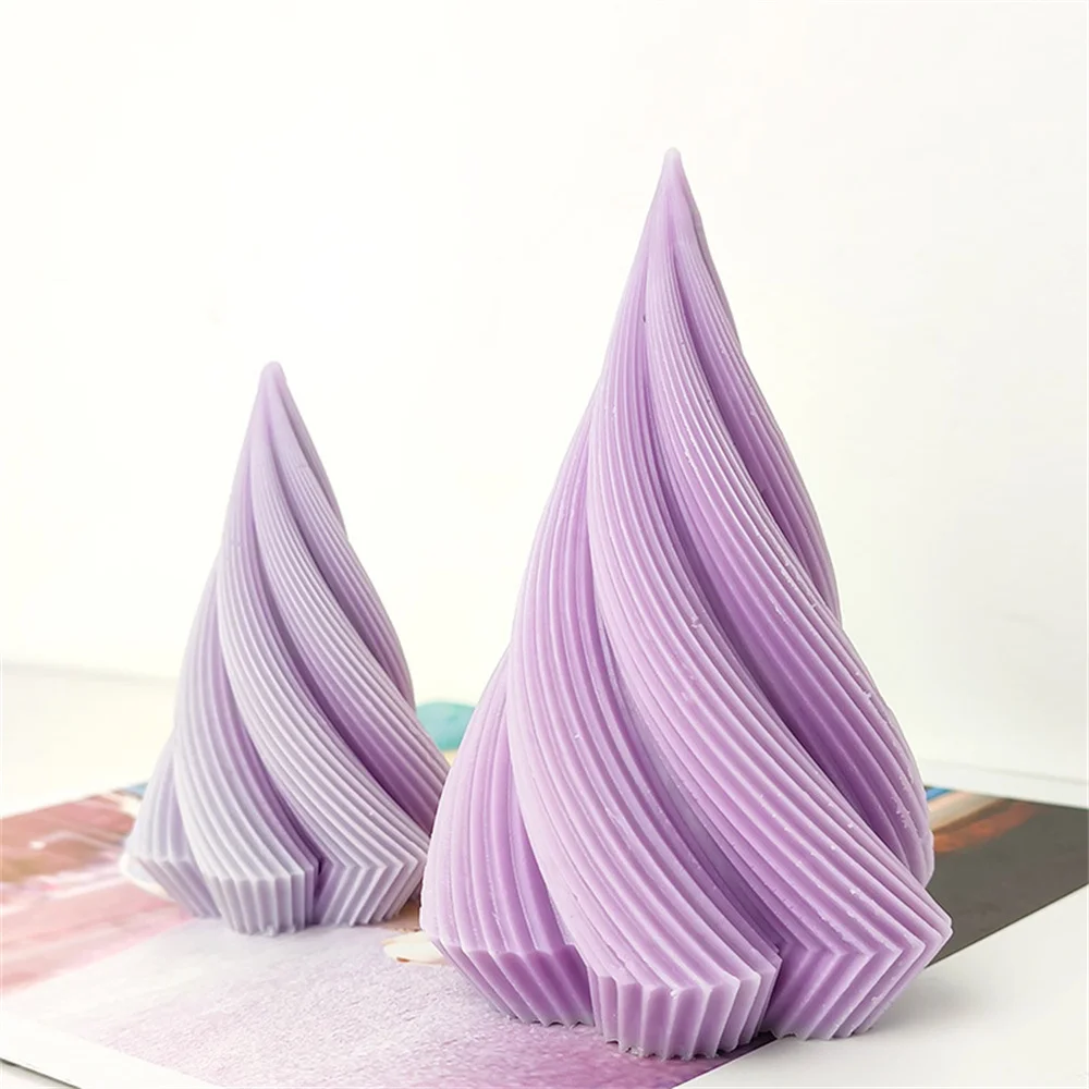 Geometric Striped Rotary Cone Candle Mold DIY Christmas Tree Shape Soap Aromatherapy Resin Plaster Making Mould Holiday Decor