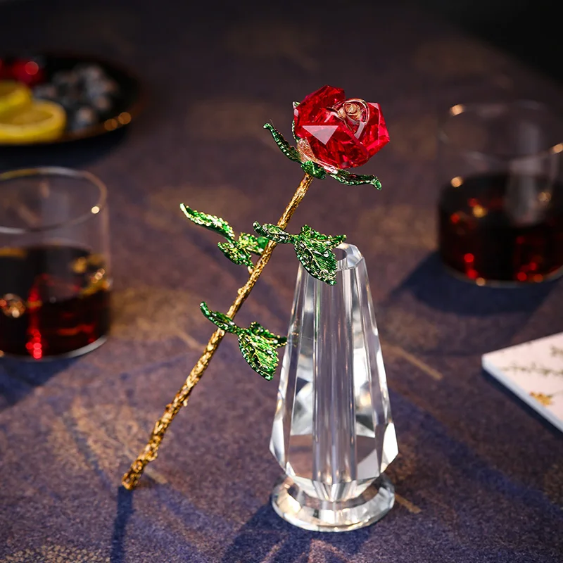 7-Farben-Kristall-Rosenvase-Figur, goldene grüne Blätter, Rose, Ornament, Heimdekoration, Geburtstag, Hochzeit, Geschenk – Detail 6