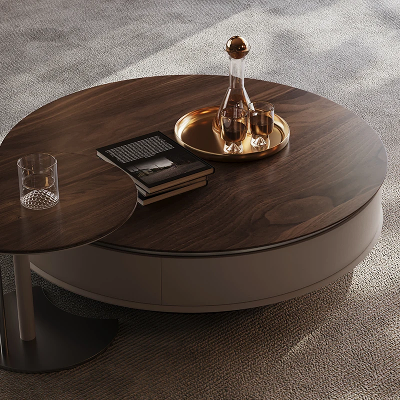 Italian solid wood coffee table, round high-end large and small apartment living room walnut light luxury high-end coffee tab 4
