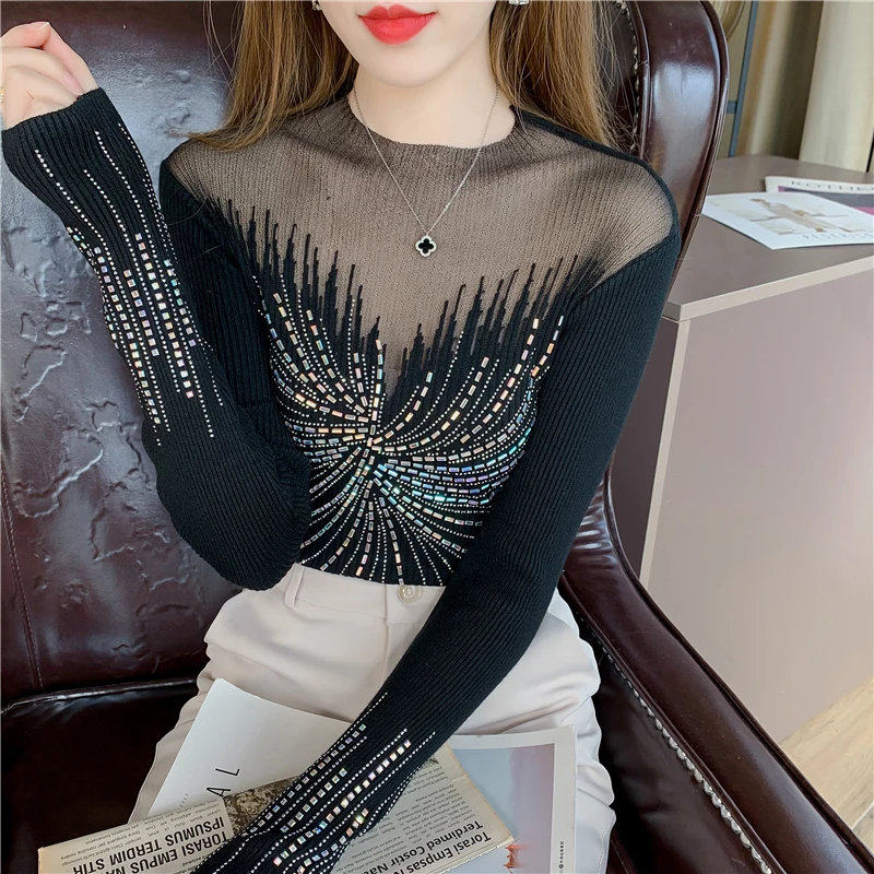 Ladies Mesh Stitching Nail Bead Pullover Sweater Women Clothing Girls  Autumn Casual Knitwear Female Woman OL Sweaters Py2616