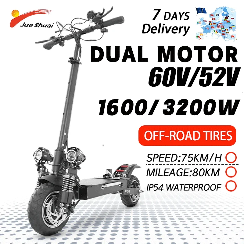 Patinete eléctrico de 75 KM/H, 60V, 48V, 1300-3200W, neumático ancho de 10 pulgadas, scooters eléctricos impermeables plegables, almacén de la UE para adultos