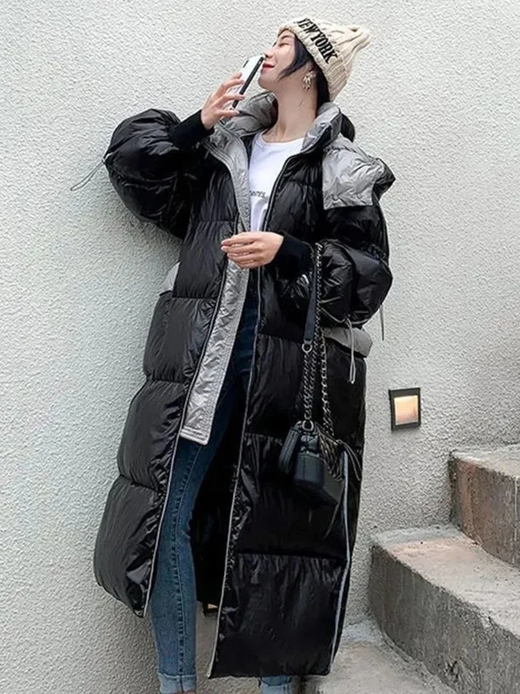 2023 Winter New Detachable Hooded Parka Down Jacket Women Long Gloosy Knee Down Jacket Female Loose Thickened Down Outerwear