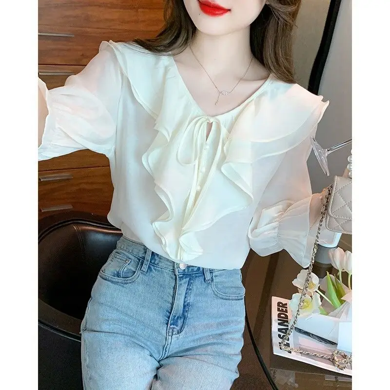 Seven Quarter Sleeve Ruffled Chiffon Shirt for Women New V-neck Style Stylish Design and Western Style Small Shirt for Women