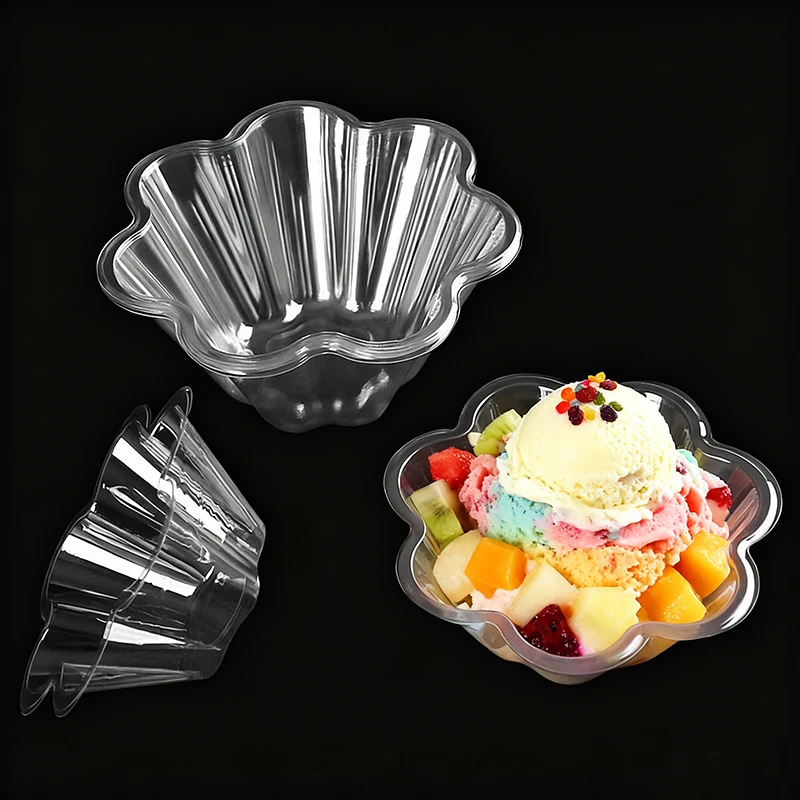

Пластиковые миски для мороженого, одноразовые десертные чашки в форме цветка, вечерние контейнер для закусок, торта, пудинга, прозрачные миски для мороженого, йогурта