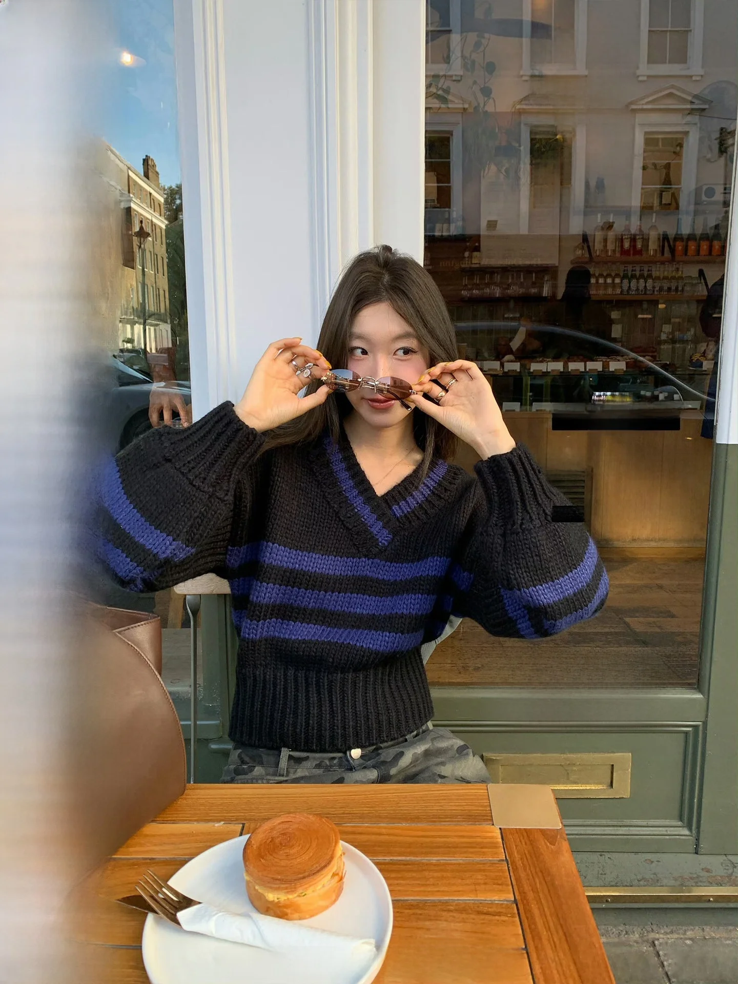 

Эксклюзивный вязаный свитер Ranwear с V-образным вырезом, рукавами-фонариками, в полоску, из толстой пряжи, женский, повседневный, свободного кроя, зимний