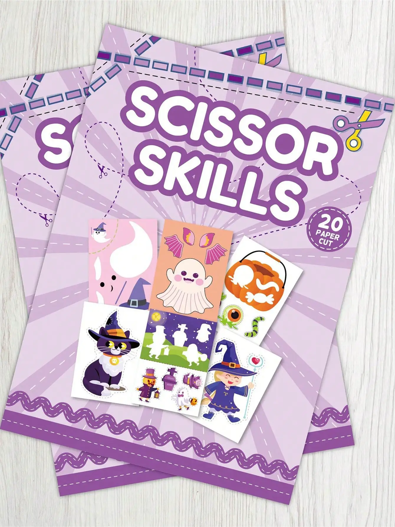 20-Piece Halloween Themed Scissors Skills Activity Book Creative Cartoon Paper Cutting Practice Fun Gluing And Coloring Cards