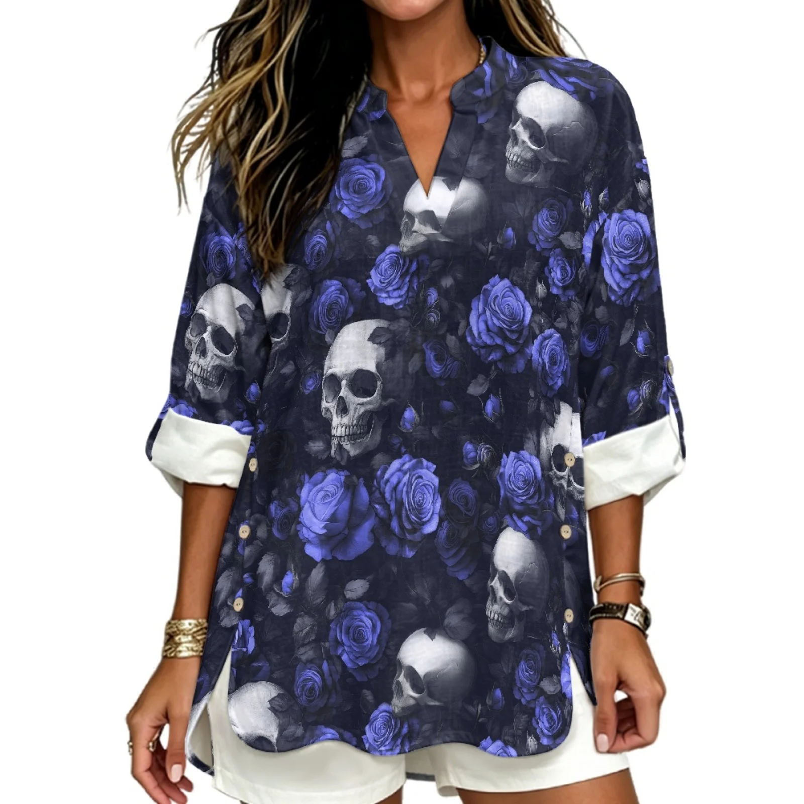 PENSTROLL Blue Rose Skull Side Slit Hem Design Workout Tops for Autumn Linen-Like V Neck Shirts Sizes S-5XL