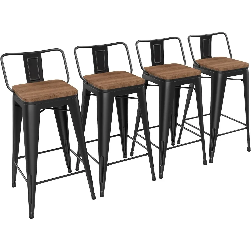 Barstools de Metal de 24 pulgadas, Juego de 4 Taburetes de Bar con parte superior de madera, espalda baja, color negro mate