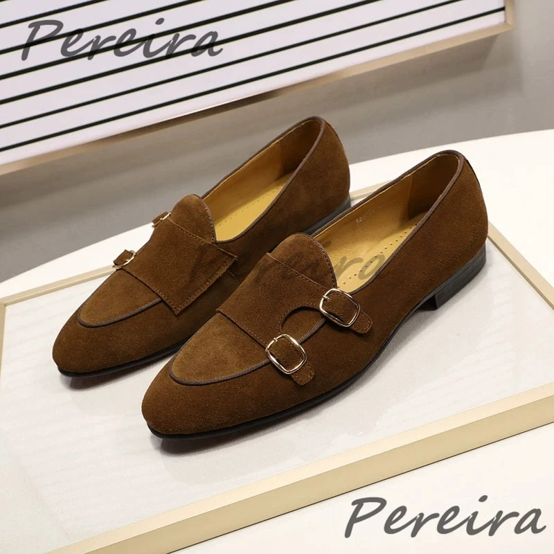 

Men Suede Shallow Handmade Loafers Retro Metal Buckle Pointed Toe Casual Shoes Summer Outdoor Comfortable Male Shoes Large Size