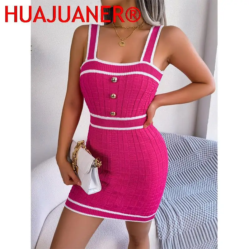 Sexy Miniskirt Casual Square Neck High Waisted Sleeveless Short Skirt Buttons Knit Hip Wrap Dress Spring  Summer Party Dresses