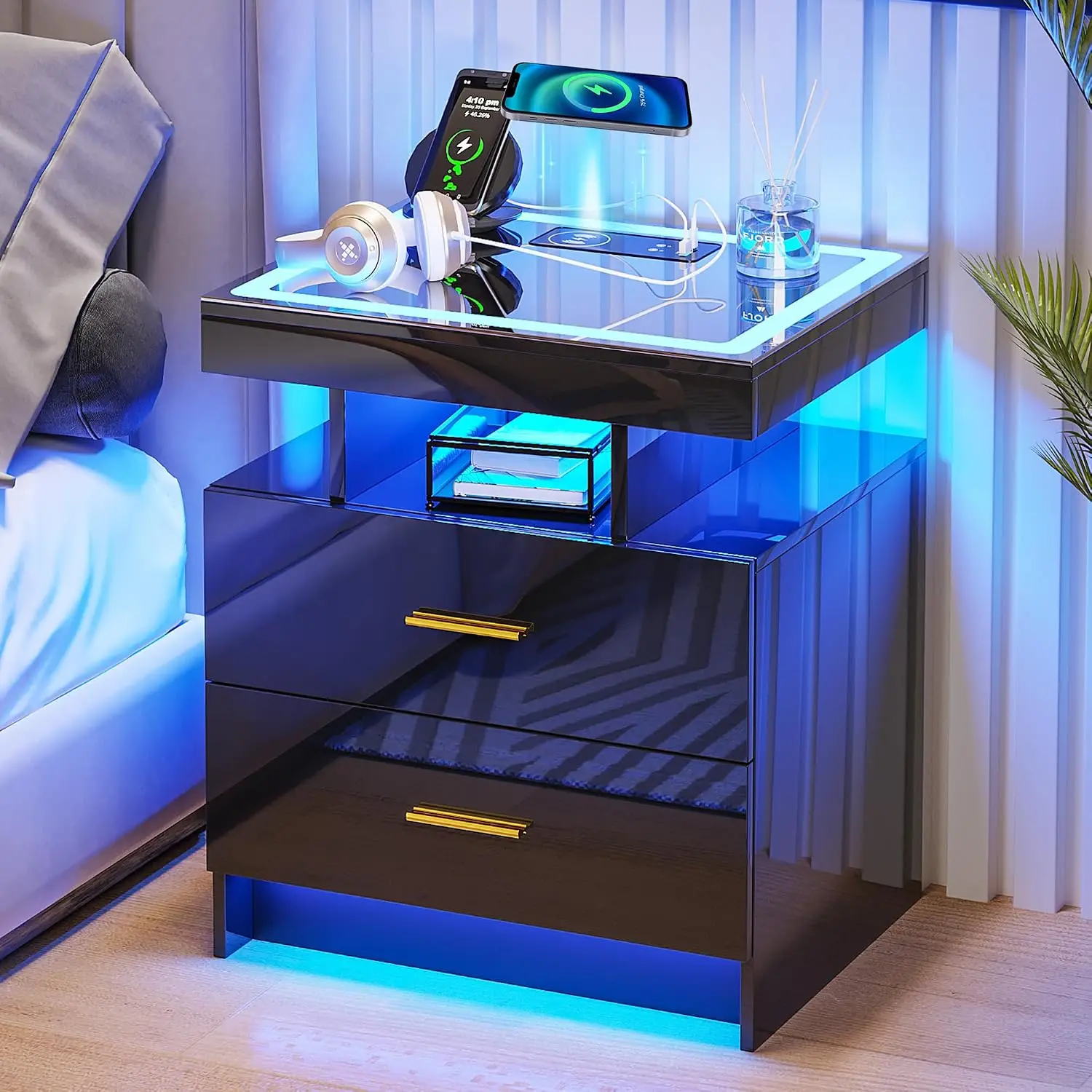 LED Nightstand with Charging Station (USB,Type-C Ports) High Gloss Bedside Table with 2 Drawers, Smart Night Stand with, Custom