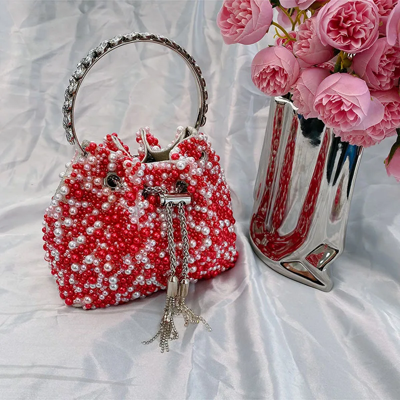 

Wedding Party Bucket Purse Metal Ring Handle Women's Handbag Shoulder Messenger Bag