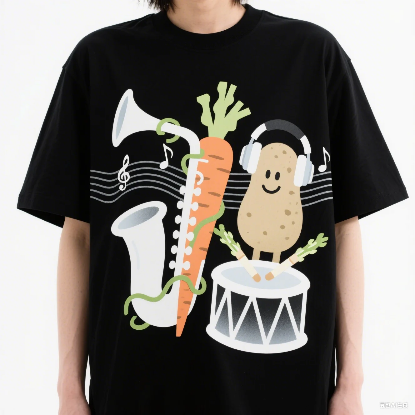 

Carrot saxophone potato drum vegetable band paper-cut men's and women's printed T-shirt Casual comfortable sporty short-sleeved