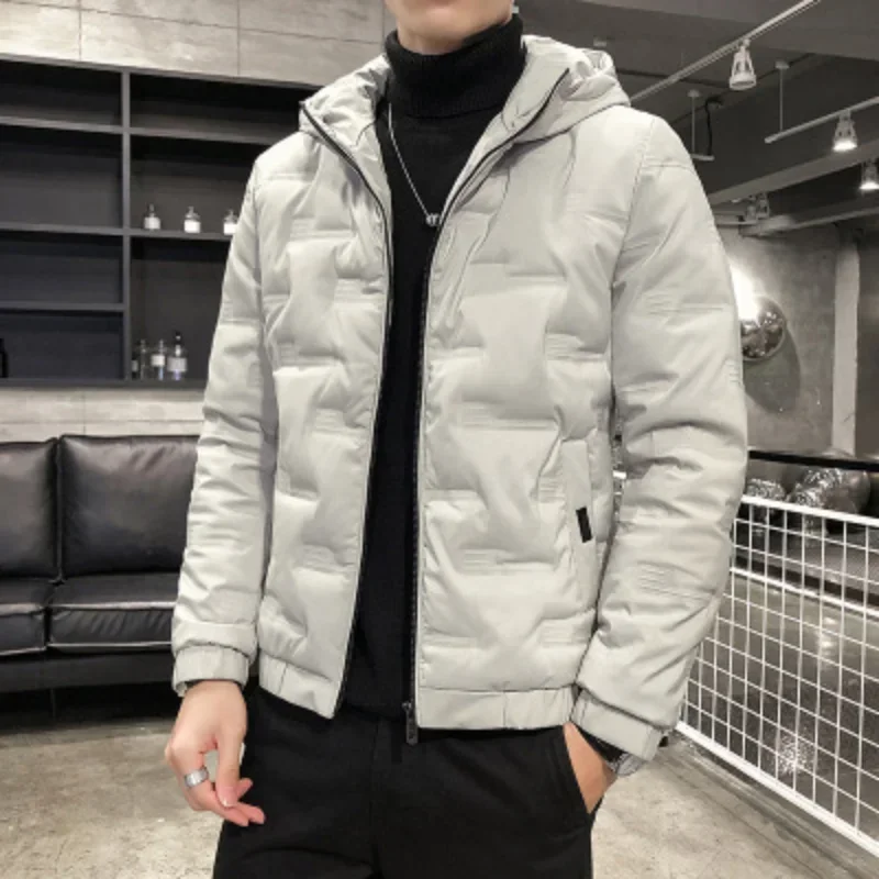 Jaqueta masculina com capuz, estilo coreano, Parkas slim, leve, com capuz quente de inverno, casacos respiráveis, na moda, nova