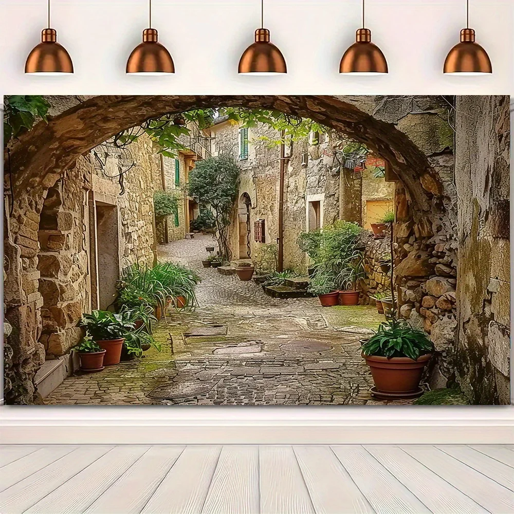 Mediterranean Alley Tapestry Stone Village Art Wall Hanging Rustic Home Decor Free Hooks Included Simple Installation