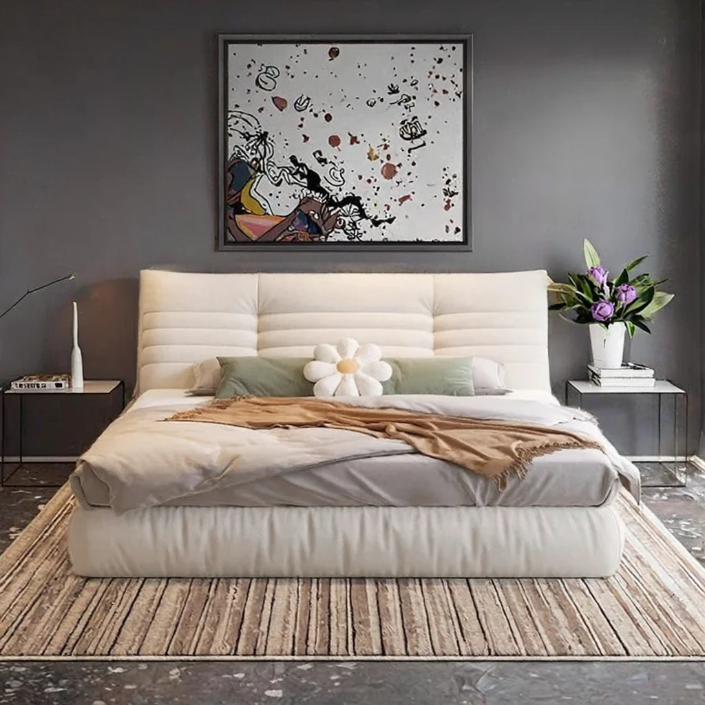 Custom Caterpillar Technology Cloth Solid Wood Storage Modern Wabi Sabi Comfortable Soft Upholstered Milk Bed Full Size Small Ho