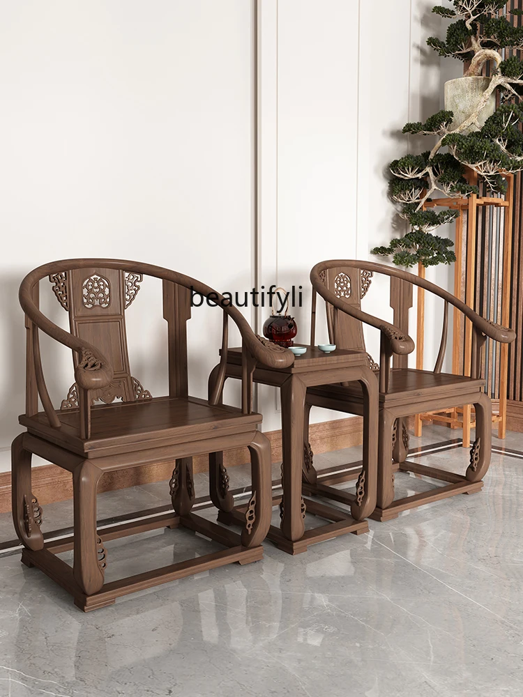 Chinese Solid Wood Chair Three-Piece Set round-Backed Armchair Home Reception Chair Furniture Elm Antique Carved Chair