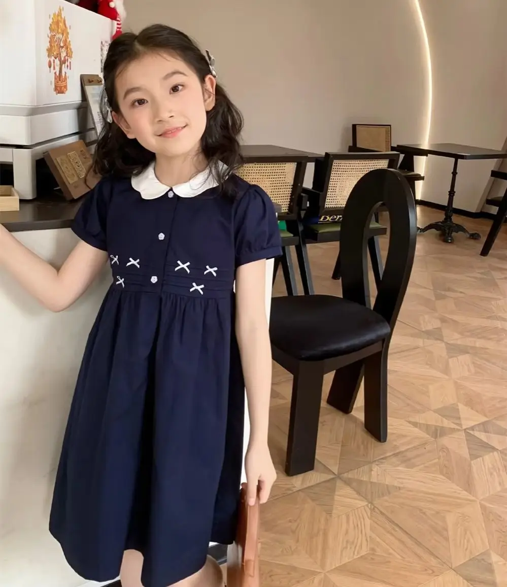 

kids girls clothes baby dresses Bow decoration short sleeved dress Student style summer girls' dress