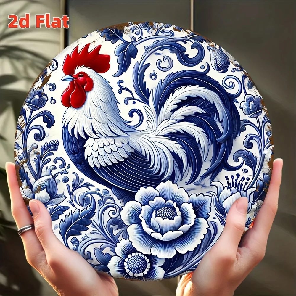 Portugiesische Azulejo-Fliesenkunst, blaues und weißes Blumen-Hahn-Metall-Wanddekoration – mediterranes Vintage-Aluminium-Blechschild für die Küche,