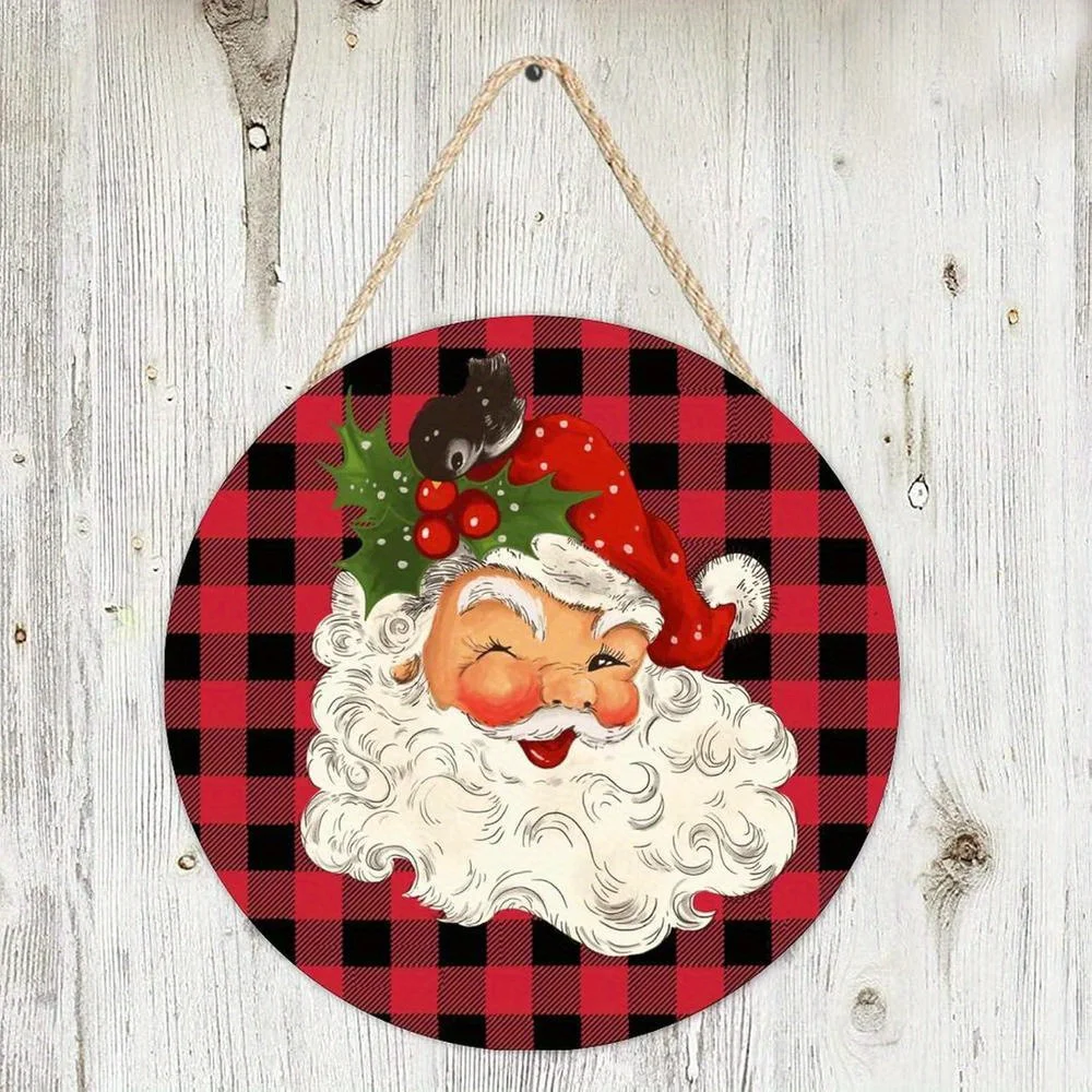 Alioyoit 18 Inch Round Metal Welcome Sign Rustic Buffalo Plaid Christmas Door Hanger with Santa Claus Red
