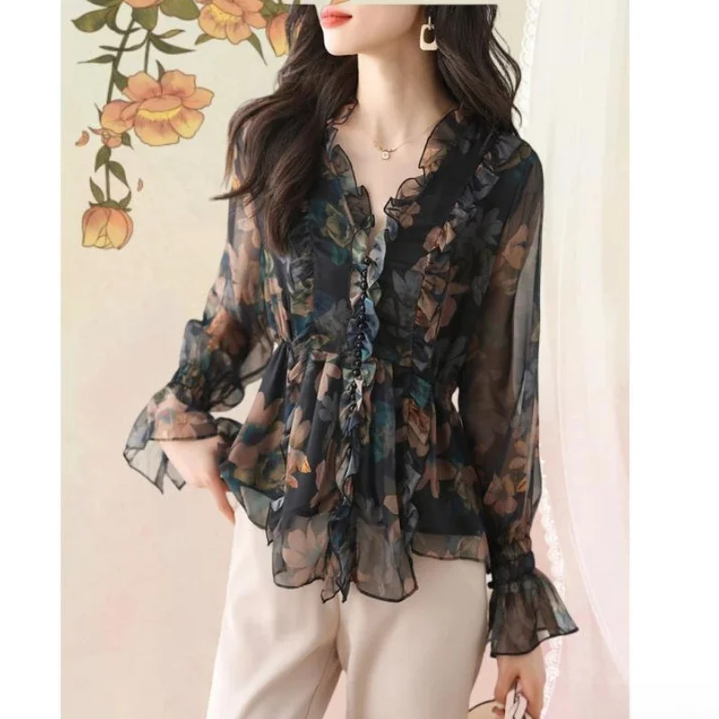 โรแมนติก Ruffles Tops ผู้หญิงเกาหลีสไตล์การออกแบบเสื้อผ้า Flare Sleeve Elegant Office Lady น่ารักริบบิ้นหวาน Basic เสื้อเสื้อ