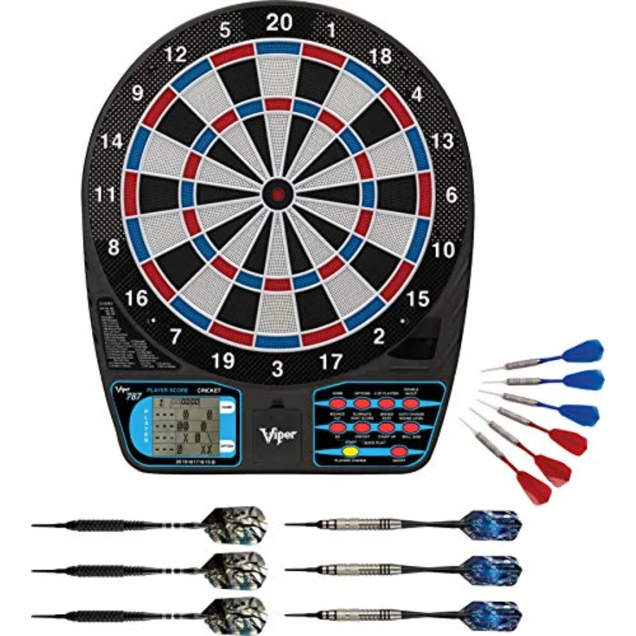 

787 Electronic Dartboard for home and pub use, black ABS plastic with silver accents, ultra-responsive scoring and vibrant LED